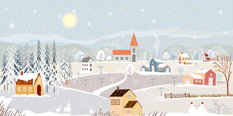 Winter landscape in village at night in countryside background,Vector horizontal banner winter wonderland with house on hills and forest pine tree,Backdrop for Celebrating Christmas and New Year 2023