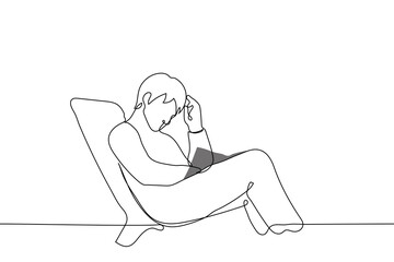 man is sitting in sun lounger reading book, he is thoughtful and fully involved - one line drawing vector. concept of reading fiction or scientific literature, book lover with a book