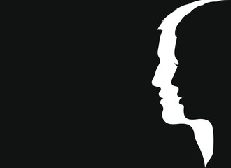 Man and woman graphic sign. Male and female face silhouettes isolated on black background. Vector illustration