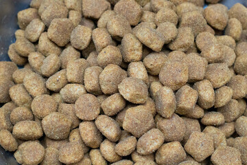 Fototapeta na wymiar Dog food close-up. Background texture. High quality animal feed. Protein content and healthy nutrition for dogs. Large dry granules or pellets.