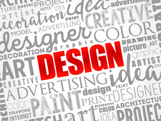 DESIGN - plan or specification for the construction of an object or system or for the implementation of an activity or process, word cloud creative concept background