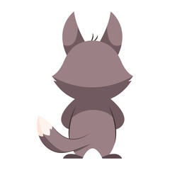 Back view of little wolf cartoon vector illustration. Gray and white furry mammal with tail standing on white background. Wildlife animal, predator, forest concept