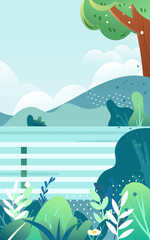 Girl travels and travels with a suitcase against the background of mountains and river, vector illustration