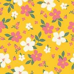 Seamless vintage pattern. White and pink flowers, green leaves. yellow background. vector texture. fashionable print for textiles, wallpaper and packaging.