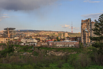 Fototapeta na wymiar View of the TV tower in Yerevan at sunset. Armenia