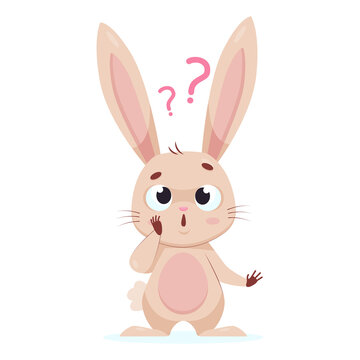 Rabbit with question marks above it cartoon vector illustration. Excited fluffy rodent standing with open mouth, thinking, looking for solution. Wildlife animal concept