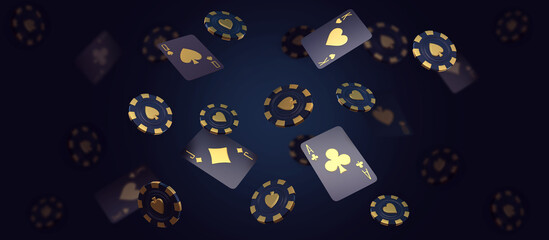 casino dice craps cards poker blackjack baccarat  Black And Red Ace Symbols With Golden Metal 3d render 3d rendering illustration  - obrazy, fototapety, plakaty