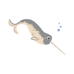 Cute gray narwhal with horn vector illustration. Childish magic marine animal isolated on white background