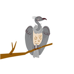 Cute vulture vector illustration on white background in cartoon flat style. Vector bird on branch