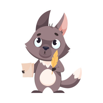 Wolf with sheets of paper and quill cartoon vector illustration. Cute mammal composing poems, coming up with rhymes, thinking. Wildlife animal, predator, art concept