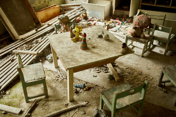 Broken, destroyd, abandoned kindergarten in Chernobyl Exclusion Zone