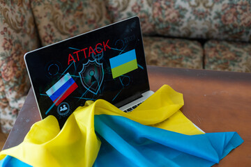 cyber attack with russian flag on ukraine, icons