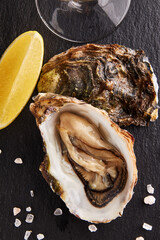 Fresh opened oyster with lemon on slate plate