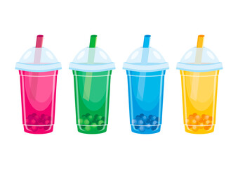 Fototapeta premium Fruit Bubble Tea drink in a plastic cup icon set vector. Colorful drink in a plastic cup with a straw icon vector isolated on a white background. Bubble Tea drinks in a row design element