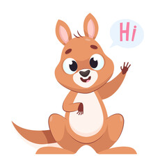 Happy kangaroo waving with paw cartoon vector illustration. Adorable mammal sitting on white background with word hi. Wildlife animal, marsupial, greeting concept