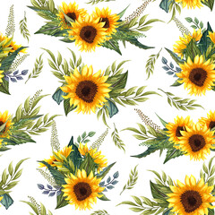 Seamless pattern with sunflowers on white background. Collection decorative floral design elements. Flowers, buds, and leaves hand drawn with watercolor.