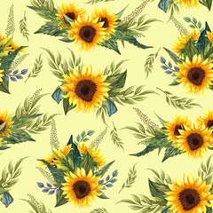 Fototapeta na wymiar Seamless pattern with sunflowers on yellow background. Collection decorative floral design elements. Flowers, buds, and leaves hand drawn with watercolor.
