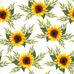 Fototapeta na wymiar Seamless pattern with sunflowers on white background. Collection decorative floral design elements. Flowers, buds, and leaves hand drawn with watercolor.
