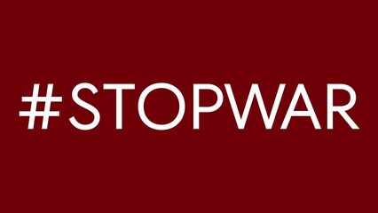 Stop war hashtag text on the bloody flag of Ukraine.