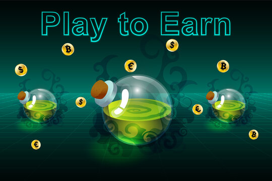 Game finance, play to earn technology design idea. Game icon of magic elixir or potion and gold cryptocurrencies.