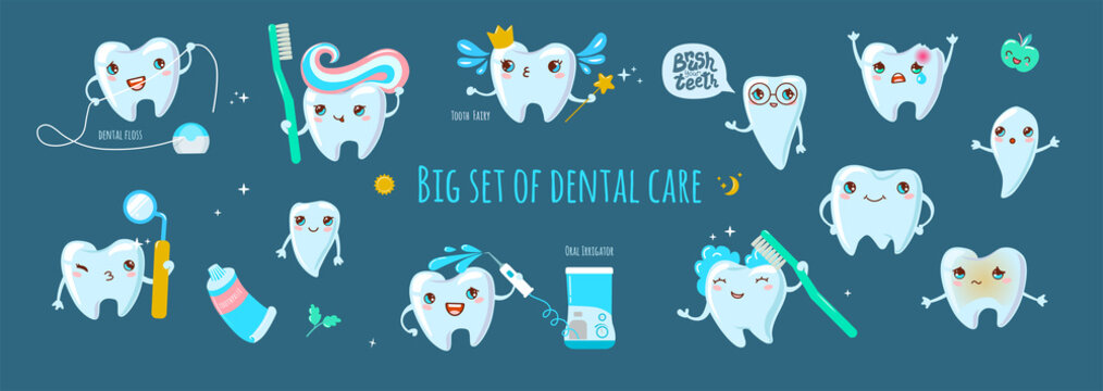 Big set of dental care. Vector Illustration of cute teeth, toothpaste, toothbrush, floss, oral irrigator. Dentistry concept for pediatric dentistry and orthodontics.