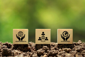 ESG concept of environmental, social and governance. Sustainable and ethical business.wooden cube...