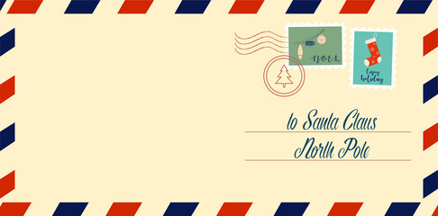 Santa Claus envelope with Christmas stamp. Flat vector illustration