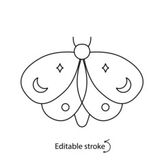 Boho butterfly outline logo. Celestial insect. Flying concept. Wildlife emblem. Editable stroke. Vector illustration