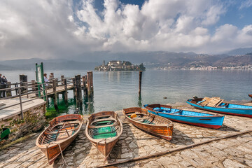 Fototapeta na wymiar Orta san Guilio at Lago Lake Orta in North Italy