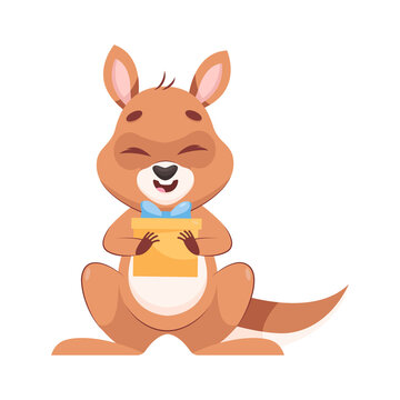 Adorable kangaroo with gift box cartoon vector illustration. Lovely mammal smiling with closed eyes, receiving or giving present. Wildlife animal, marsupial, celebration concept