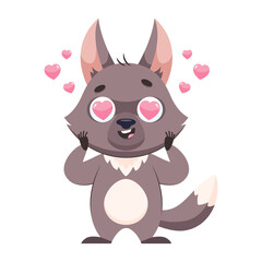 Cute wolf with hearts in eyes cartoon vector illustration. Excited animal in love standing on white background, holding head with paws Wildlife animal, predator, love concept