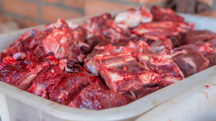 Organic wild venison from a deer in white box. Raw deer red meet. Butchering and Processing Wild...