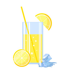 Glass of lemonade with lemon slices and straw and cubes of ice. Vector