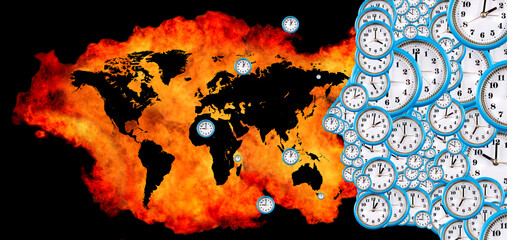  image of a map of the world surrounded on all sides by a raging flame. Silhouette of a man consisting of watch dials.