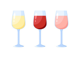 Set transparent vector wine glasses empty, with white and red wine