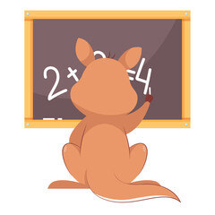 Kangaroo doing sums on chalkboard cartoon vector illustration. Back view of mammal studying, learning math at school. Wildlife animal, marsupial, education concept