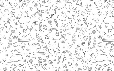 Background design with kids and various elements. Black figures on a white horizontal surface. Vector
