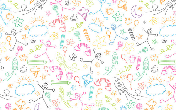 Background design with kids and various elements. Colorful figures on a white horizontal surface. Vector