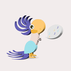 Adorable parrot singing song. Bird character with bright violet and blue feathers. vector illustration.