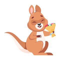 Happy kangaroo with bouquet of flowers cartoon vector illustration. Adorable mammal scenting beautiful flowers and smiling. Wildlife animal, marsupial, love concept
