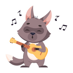 Happy wolf playing guitar cartoon vector illustration. Lovely mammal standing and singing song, devoting time to hobby, enjoying life. Wildlife animal, predator, art concept