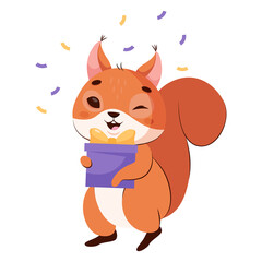 Happy squirrel with gift box cartoon vector illustration. Adorable wildlife animal receiving birthday present, smiling and winking. Rodent, party, celebration concept