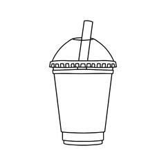 Take away plastic cup with straw mockup. Linear, vector realistic. Outline stock illustration.