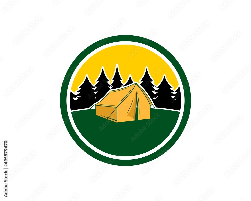 Wall mural circle shape with tent camp in the pine forest inside