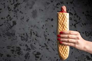 French hot dogs in woman's hand, fast food and junk food concept, Street food, Long banner format