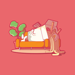 Ramen box character chilling on the couch vector illustration. Food, funny, brand design concept.	
