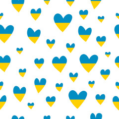 Seamless pattern. Image of hearts in the colors of the Ukrainian flag. Concept against war. Vector illustration.