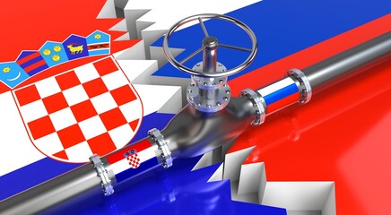 Gas pipeline, flags of Croatia and Russia - 3D illustration