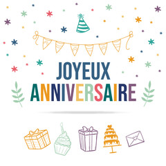 Joyeux anniveraire - Carte d'anniversaire, pack d'éléments vectoriels - Gâteaux, cadeaux et cotillons