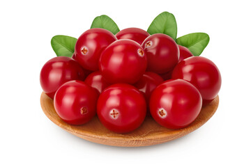 Cranberry in wooden bowl isolated on white background with clipping path and full depth of field